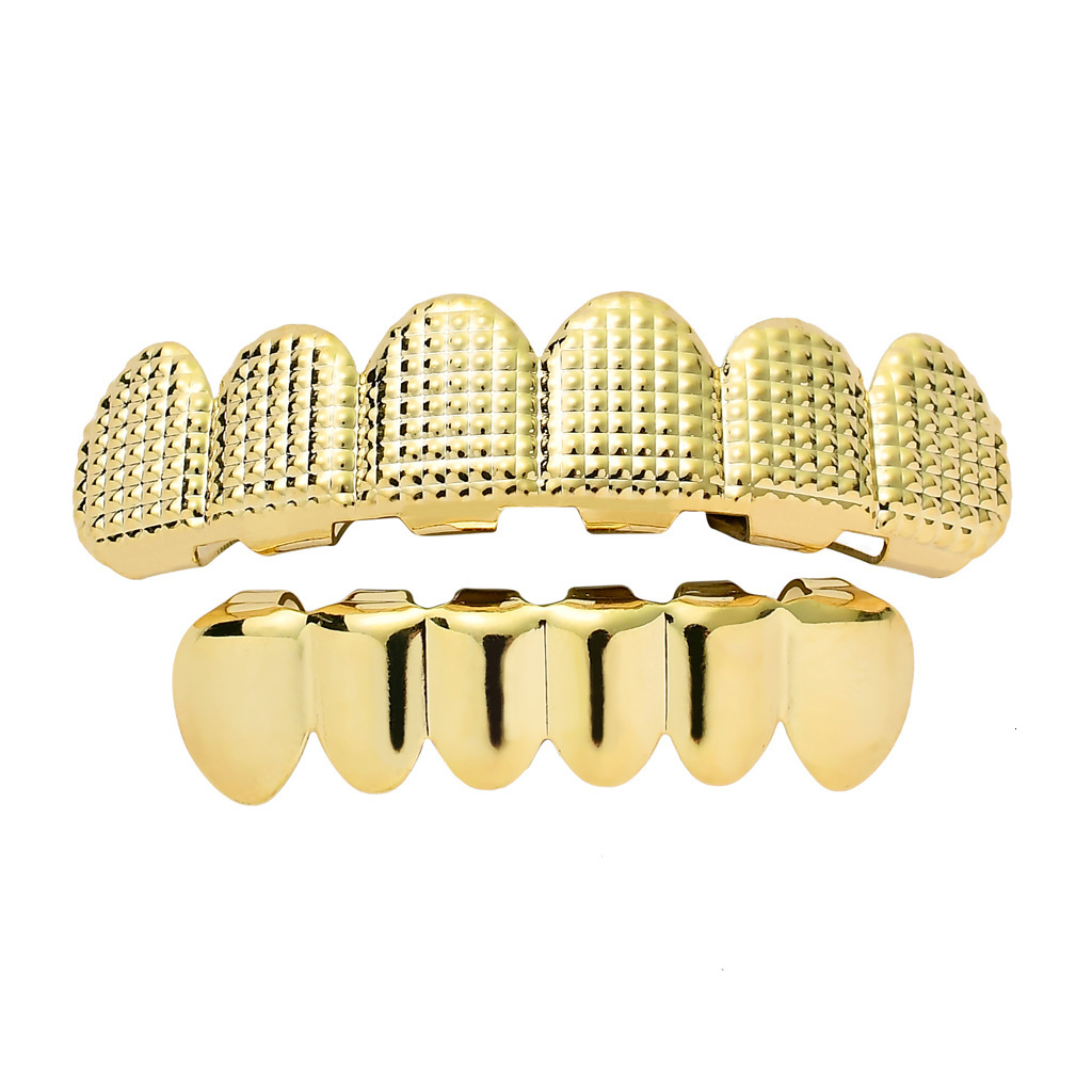 New Arrival 18K Gold Plated Hip Hop Grillz with Embossed Grid Texture - High Quality Fashion Statement Gold Tooth Rapper Costume Accessories