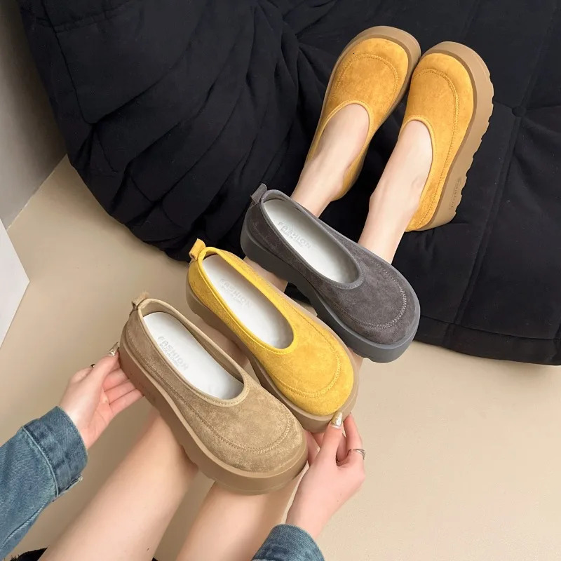 Fashion Suede Platform Shallow Woman Shoes Yellow Loafers Spring Woman Fashion Shoes Concise Chunky Heel Shoes Woman 250625