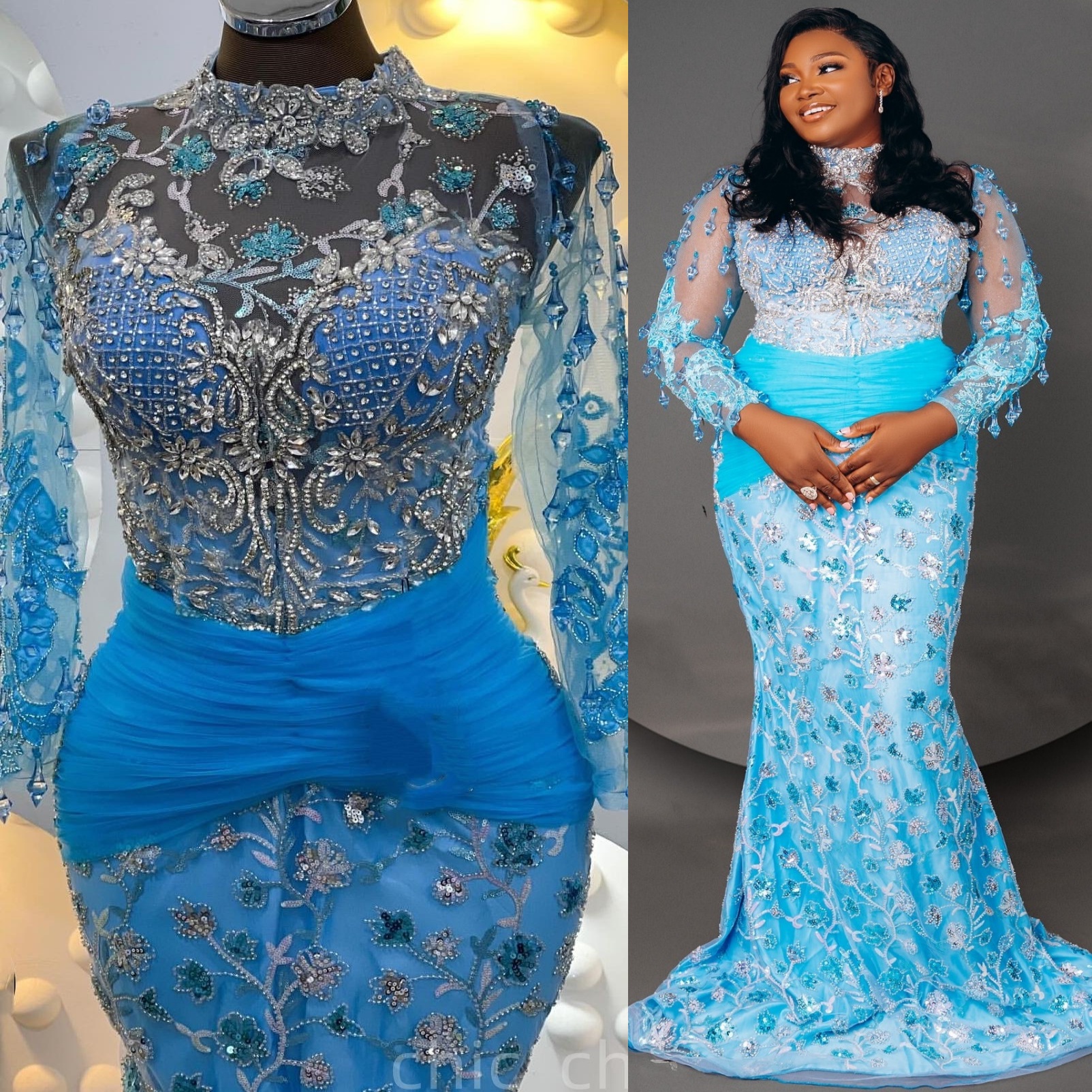 Sky Blue Mermaid Prom Dresses 2025 Rhinestones Lace Floral Lace Evening Formal Party Second Birthday Engagement Gowns Plus Size Dress For Special Occa