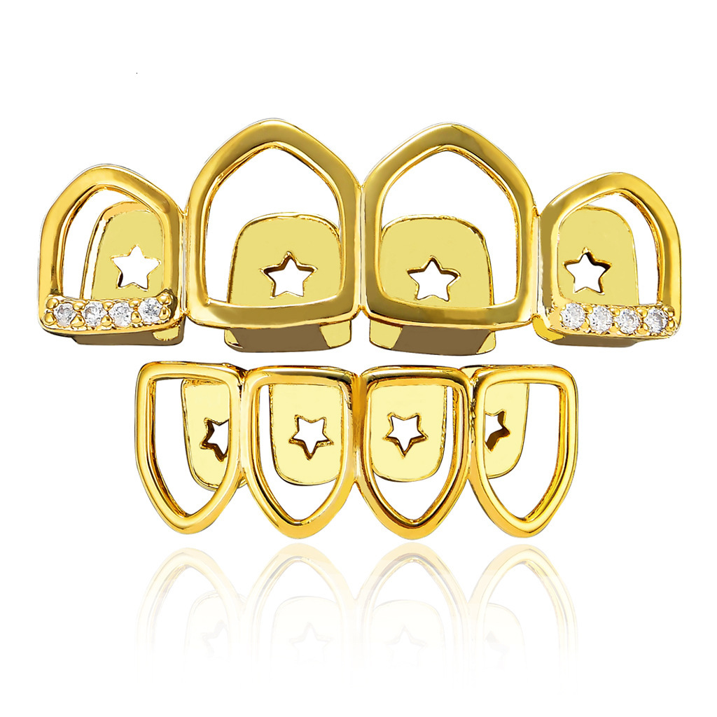 New Arrival 18K Gold Plated Iced Out 4 Tooth Hollow Diamond Grillz Drip Hip Hop High Quality Accessory