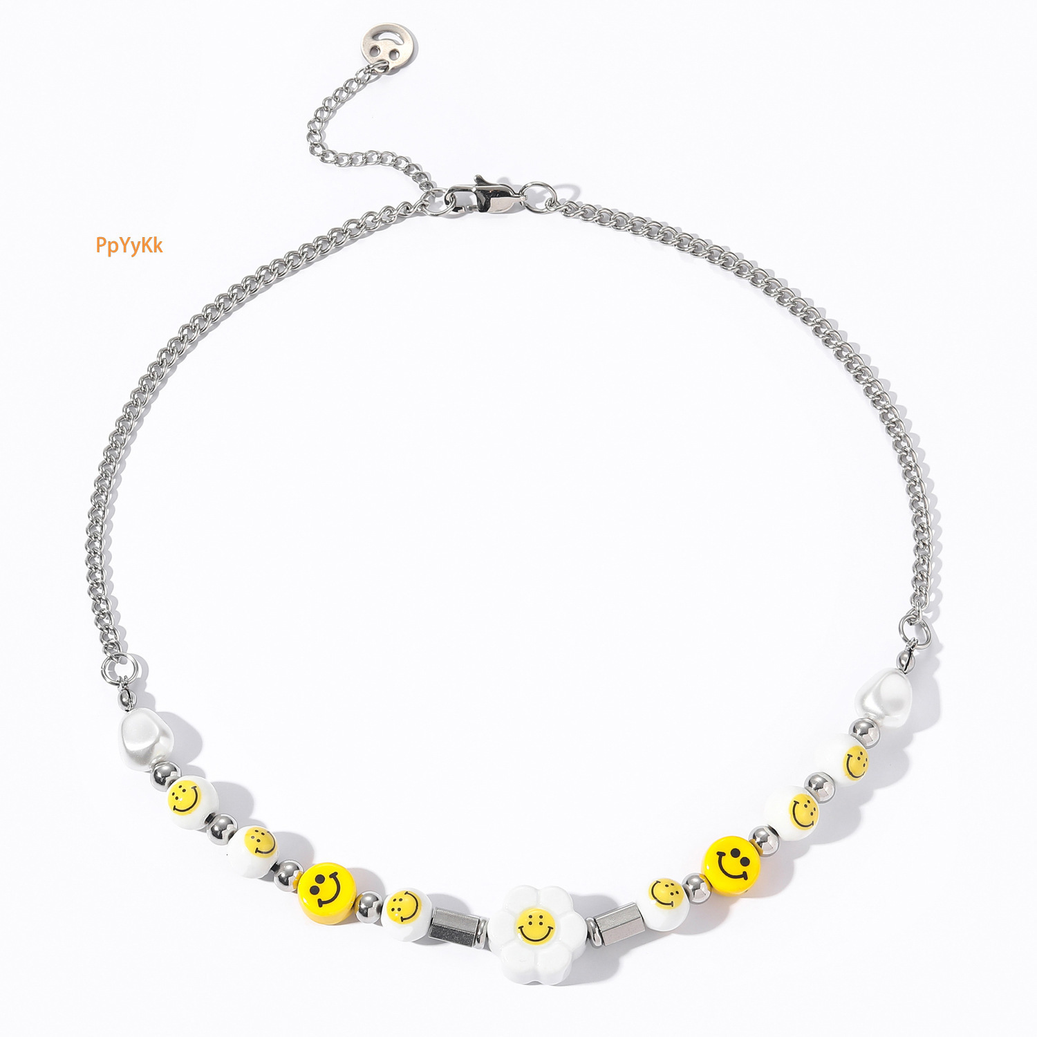 Premium Hip Hop Smiley Sunflower Pearl Necklace Unisex Choker Bracelet Set Trendy Pass the diamond tester