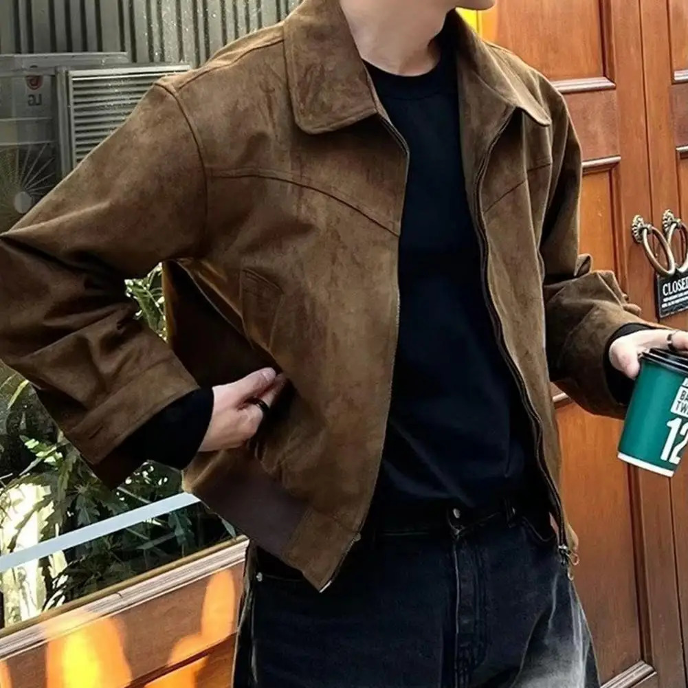 Men Zip-up Jacket Stylish Mens Lapel Jacket with Zipper Closure Side Pockets Solid Color Outwear for Short Style Long Sleeve 250628