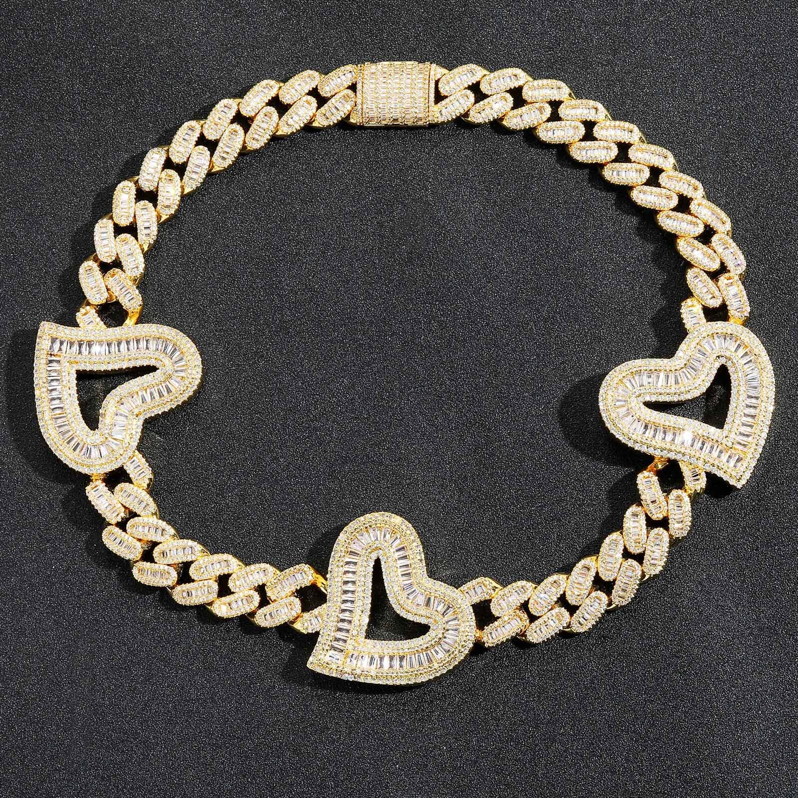 New Love Heart Cuban Link Chain Baguette Moissanite Peach Heart Unisex Trendy Iced Out Accessory Bling Bling Necklace Pass the diamond tester