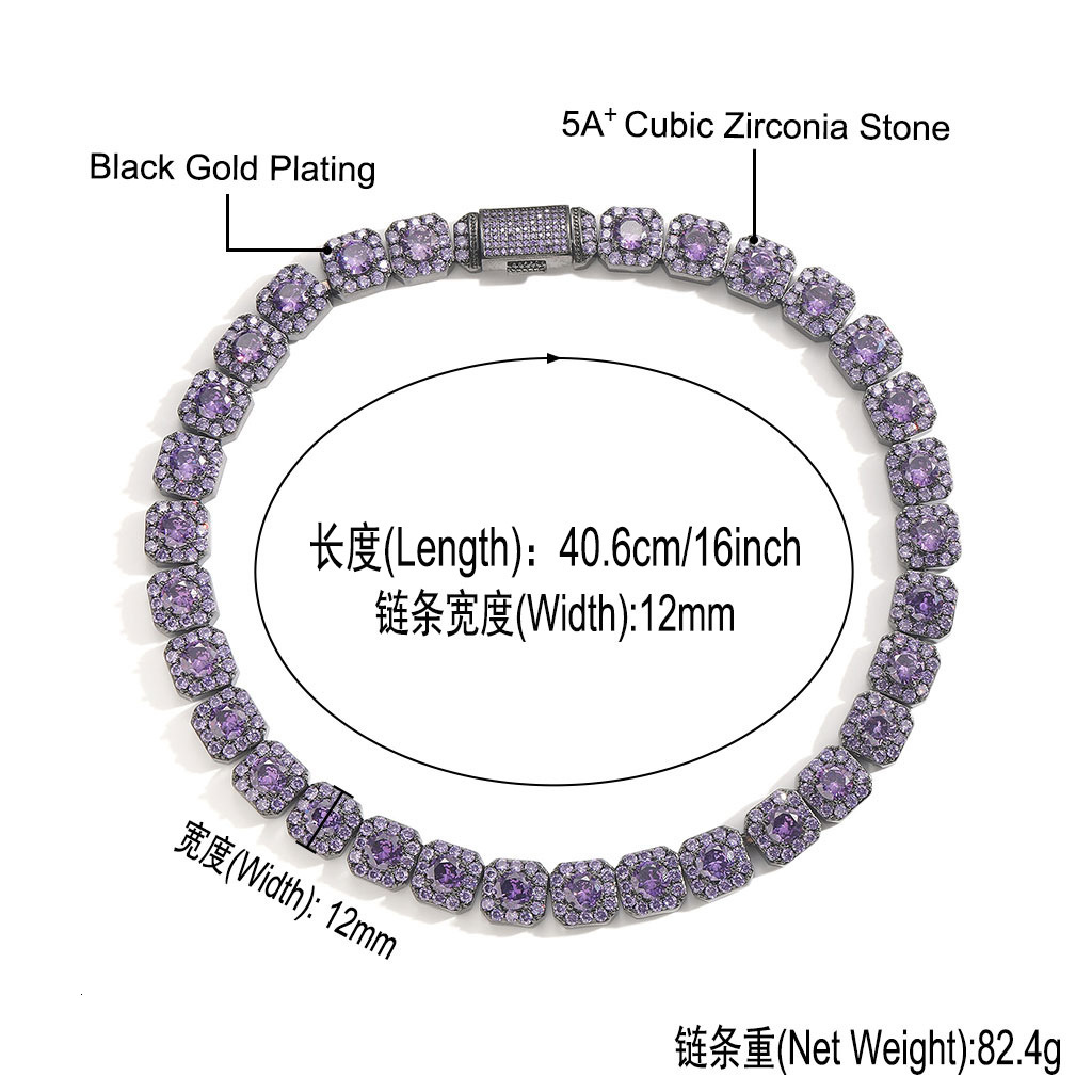 Hip Hop Purple Moissanite 12MM Icy Sugar Chain Trendy Iced Out Mens Street Collarbone Bling Bling Necklace Pass the diamond tester