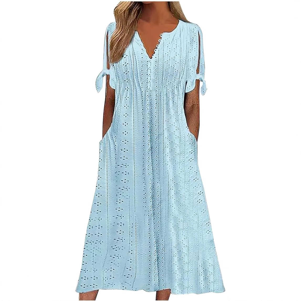 H629Popular V-neck single-breasted cuff knotted short-sleeved eyelet dress