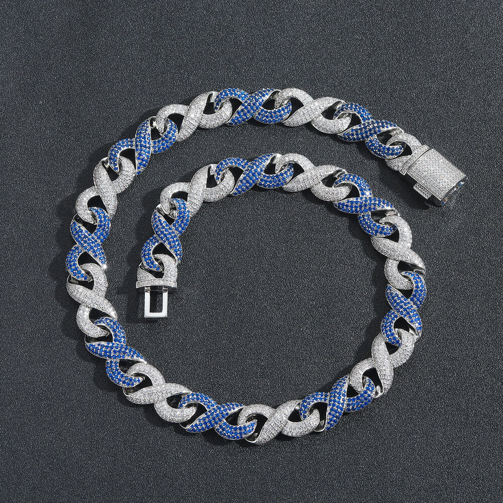 15mm Infinity Figure 8 Chain Blue Zircon Cuban Link Chain Niche Hiphop Iced Out Moissanite High Quality Necklace Pass the diamond tester