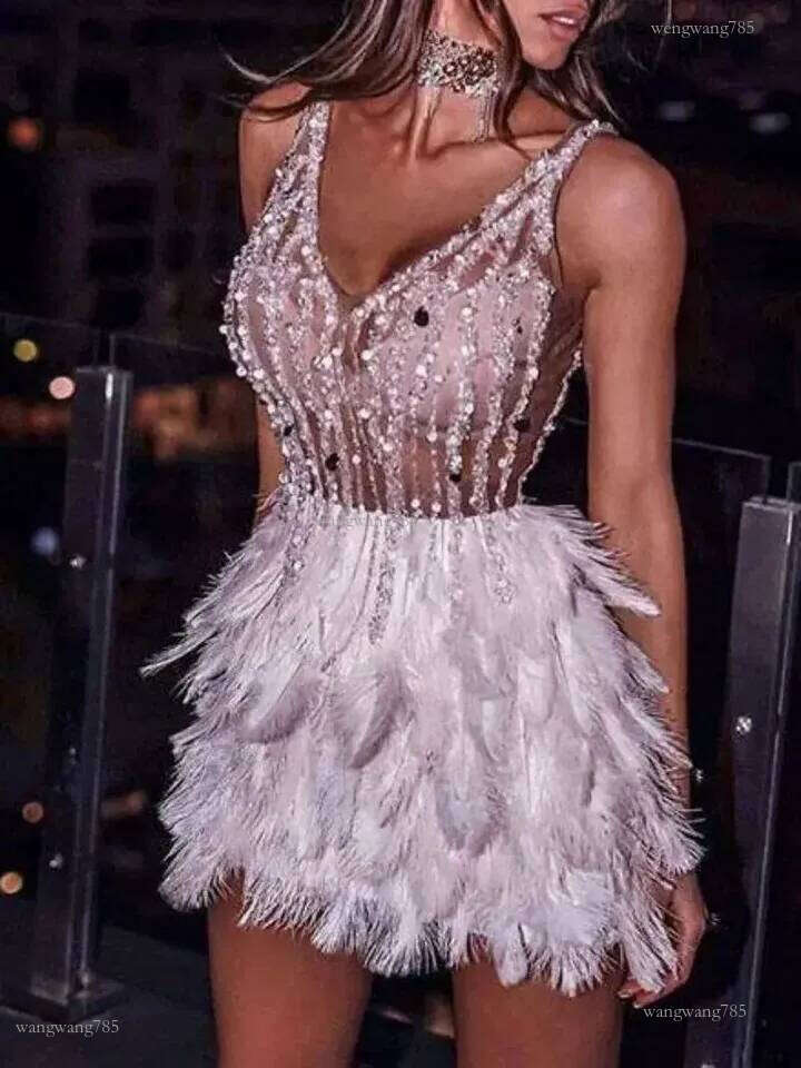 Sexy Feather Vneck Slim Short Dress Women Fashion Evening Gown Dresses Elegant Party 240627