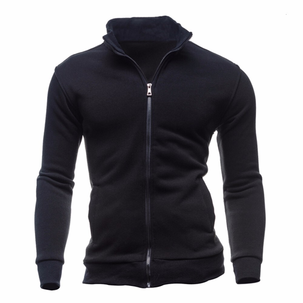 New Sports Hoodie with Zipper and Stand Collar, Men's Solid Color Cardigan