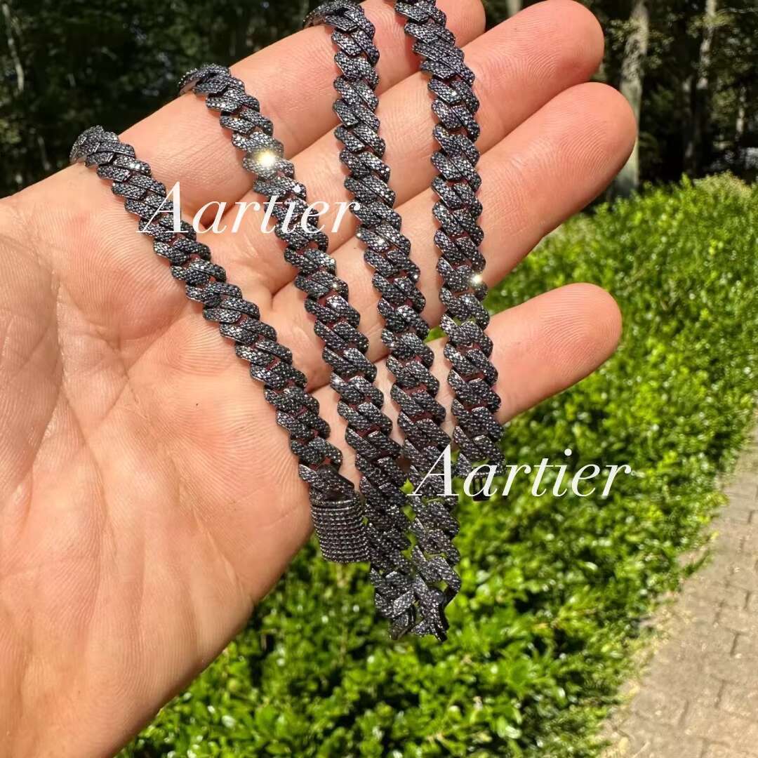 Pure Black Moissanite Miami Cuban Link Prong Chain Iced Hip-hop Necklace In 10KT Fine Gold For Unisex Wear in Occasion