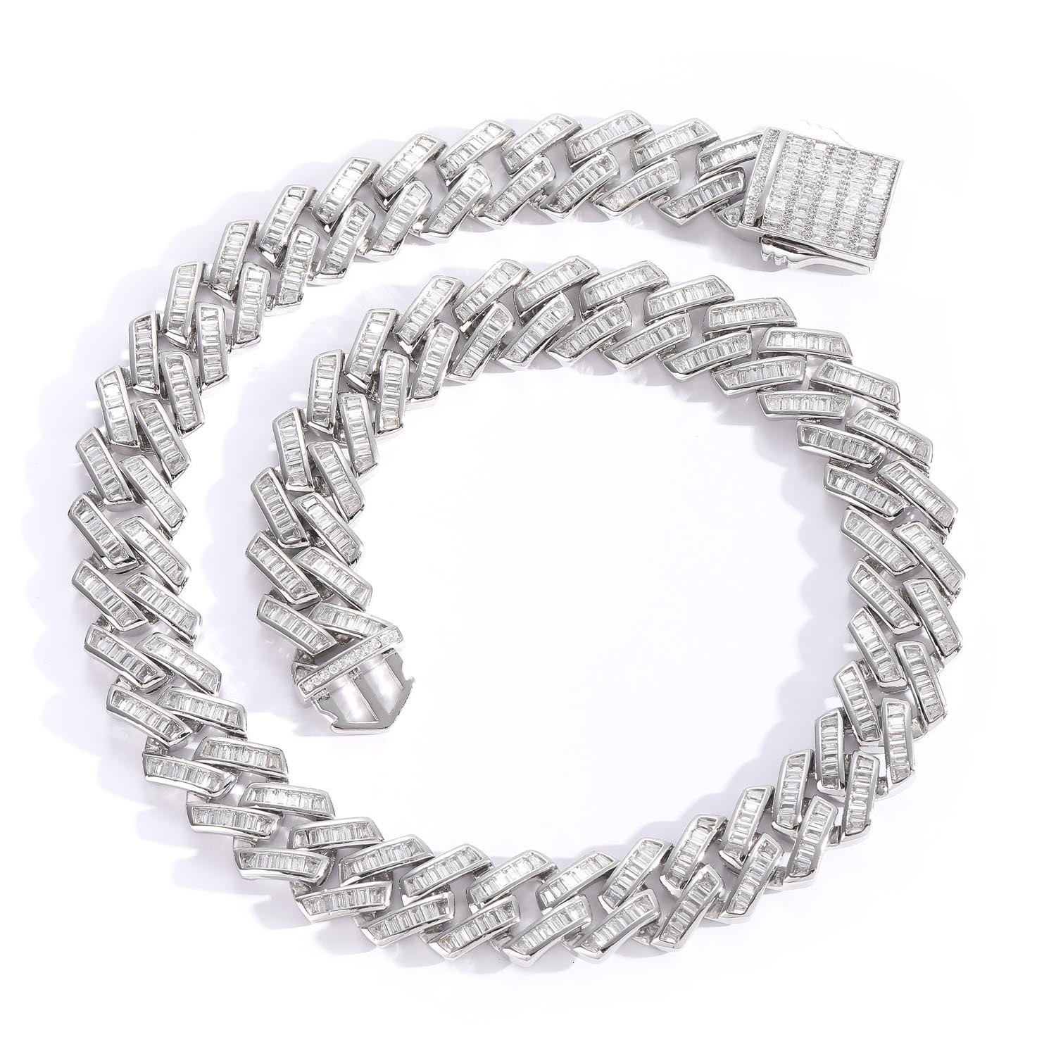 Men's Hiphop 16mm Baguette Moissanite Spring Clasp Diamond Paved Rhombus Cuban Link Chain Accessory Pass the diamond tester