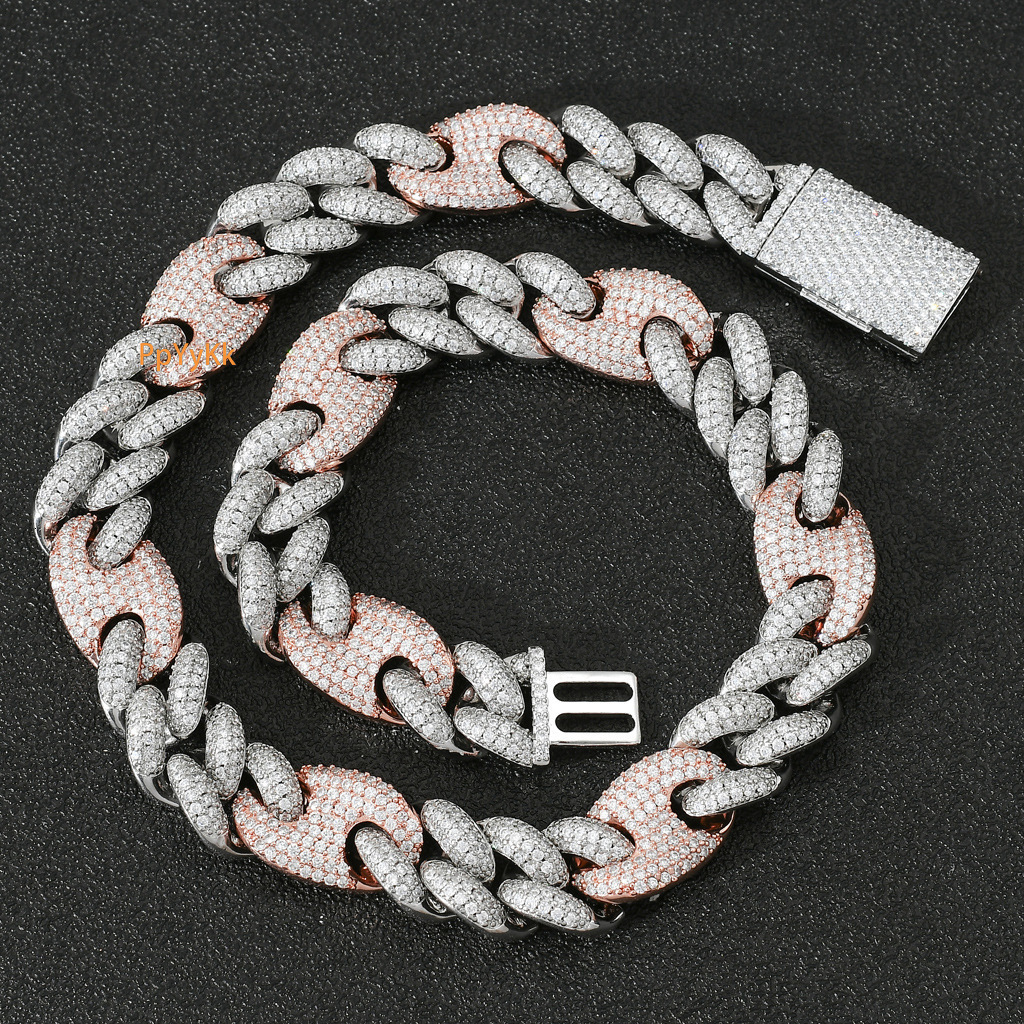 Hiphop 20mm Two Tone Pig Nose Miami Clasp Cuban Chain Full VVS Moissanite Necklace Pass the diamond tester
