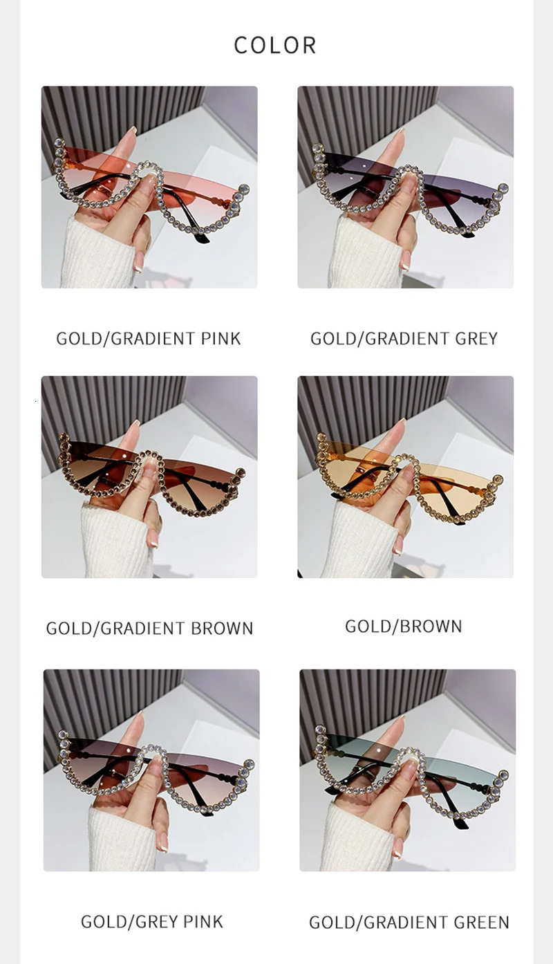 Diamond Half Frame Sunglasse For Female Vintage Fashion Sun Glasses Punk Rhinestone Crystal Metal 250627