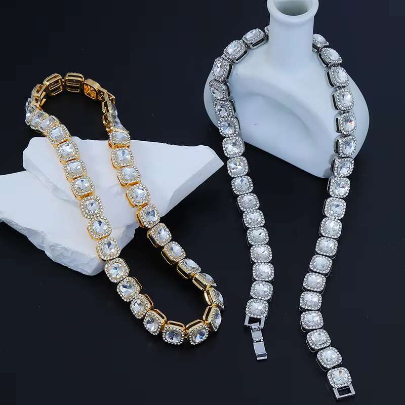 YW New Style Alloy Cuba Chain Rock Sugar Full Square Drill Clavicle Chain Necklaces for Women