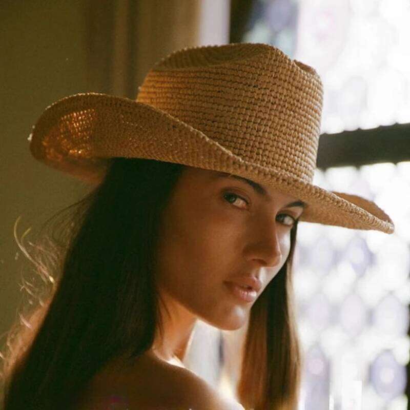 Handmade Raffia Straw Sun for Women Wide Brim Crochet Cowboy with Adjustable Velcro and Memory Wire Summer Beach Hat