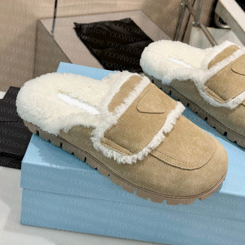 Designer Sandal Flat Comfort Clog Beige Suede Shearling Slipper Fur Slides Leather Platform Mule House Winter Women Size 35-41
