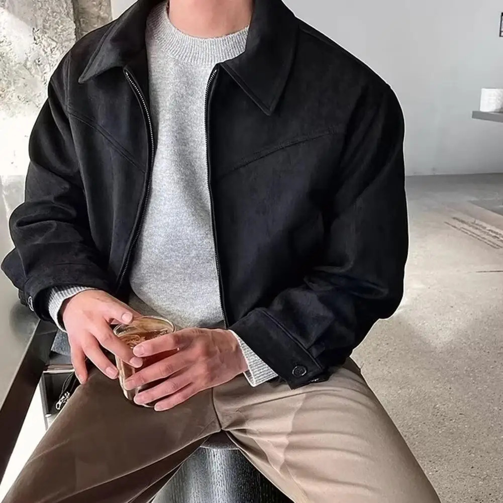 Men Zip-up Jacket Stylish Mens Lapel Jacket with Zipper Closure Side Pockets Solid Color Outwear for Short Style Long Sleeve 250628