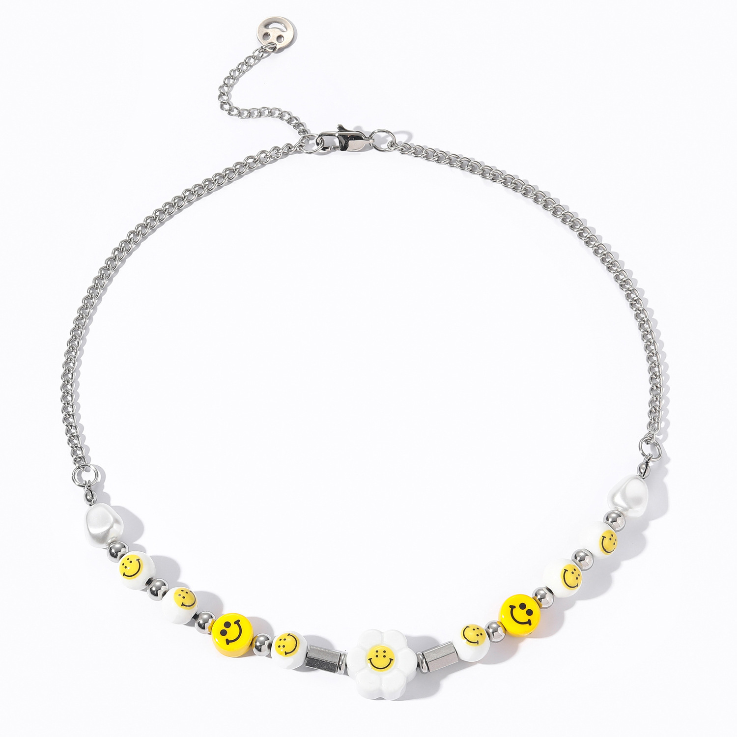 Premium Hip Hop Smiley Sunflower Pearl Necklace Unisex Choker Bracelet Set Trendy Pass the diamond tester