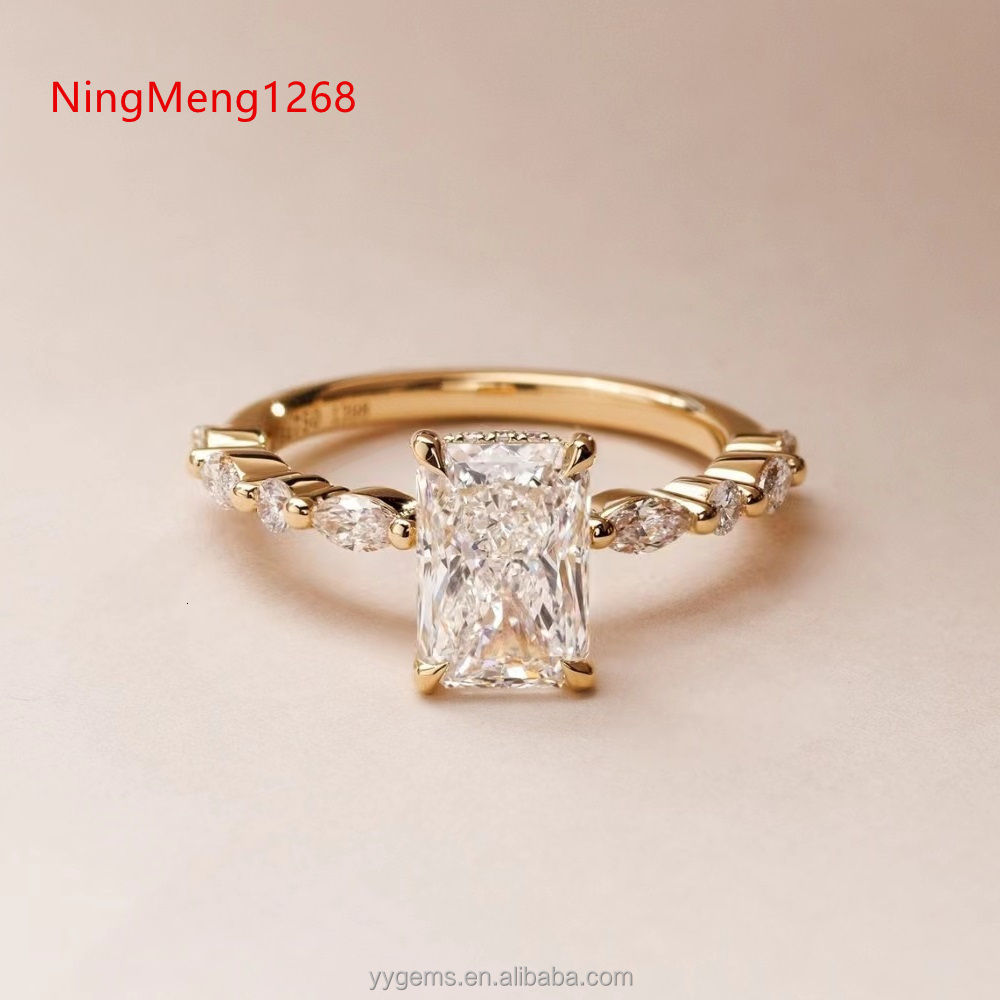 Yu Ying Women Jewelry Hidden halo 18K Yellow Gold Radiant Iced Crushed Cut Moissanite Solitaire with Accent Band Rings