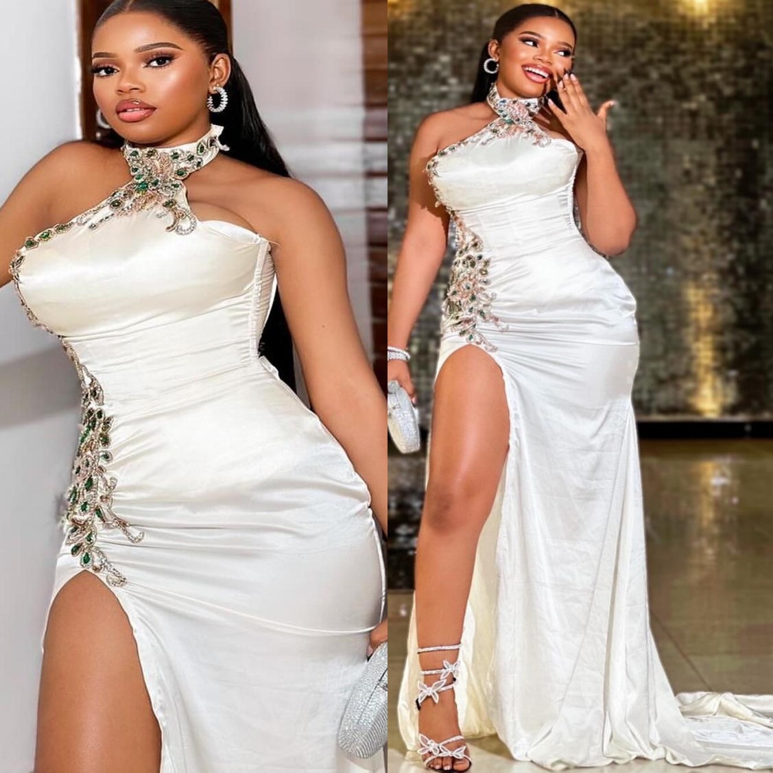 Ivory Mermaid Prom Dresses 2025 Beaded Crystals Satin High Split Evening Formal Party Second Birthday Engagement Gowns Plus Size Dress For Special Occ