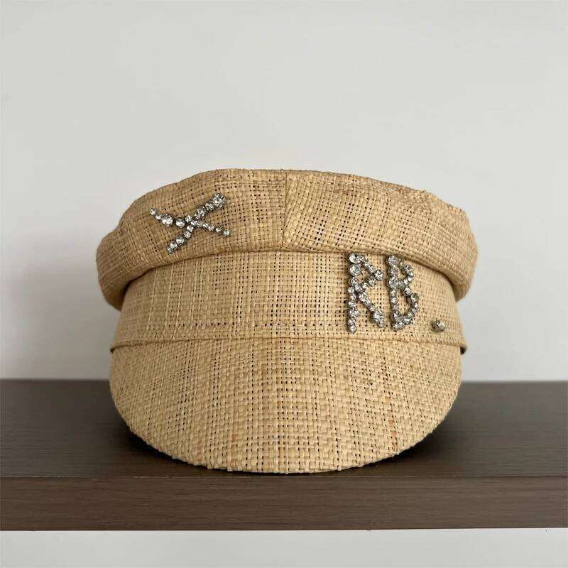 Spring Summer New Hand-sewn Raffia Newsboy Caps Crystal-Embellished Baker Boy Cap XS-L