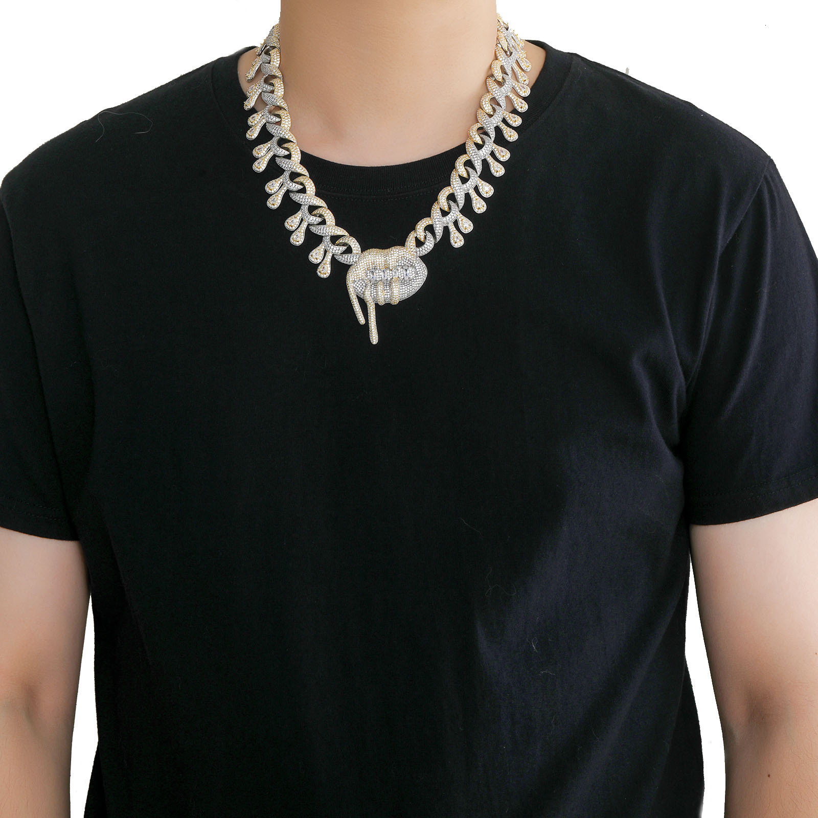 Lip Drool Pendant Hip Hop Necklace Bold Two Tone Figure 8 Infinity Chain Full Iced Cuban Pass the diamond tester