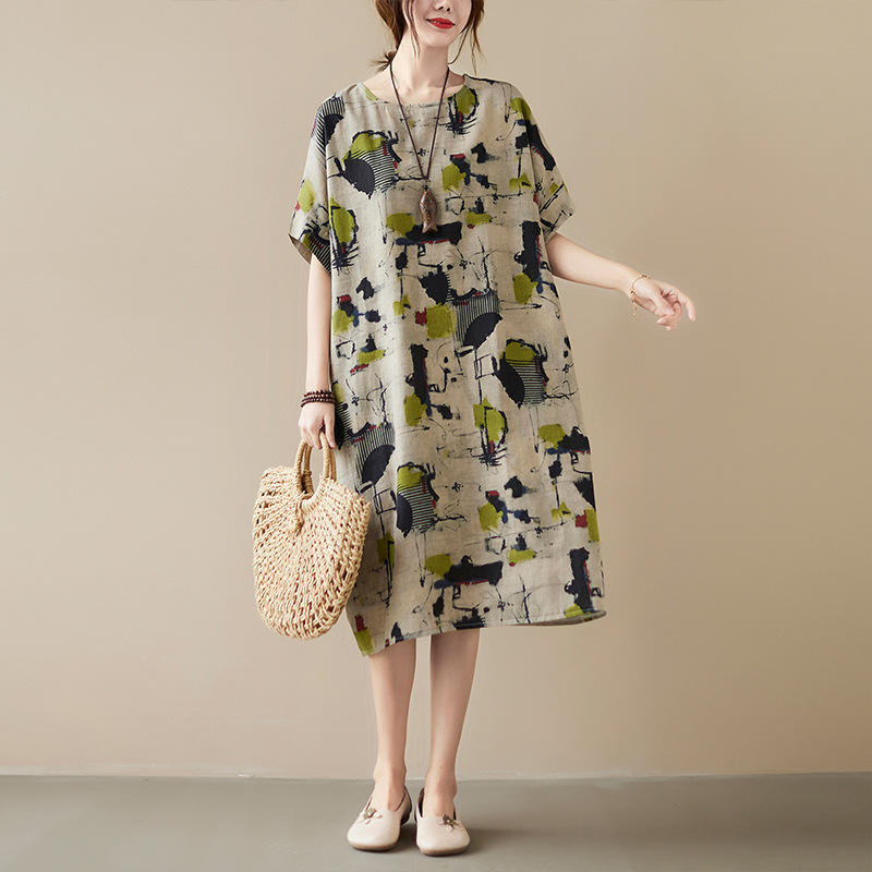 151 Spot large size literary cotton and linen printed fat girl Korean version dress