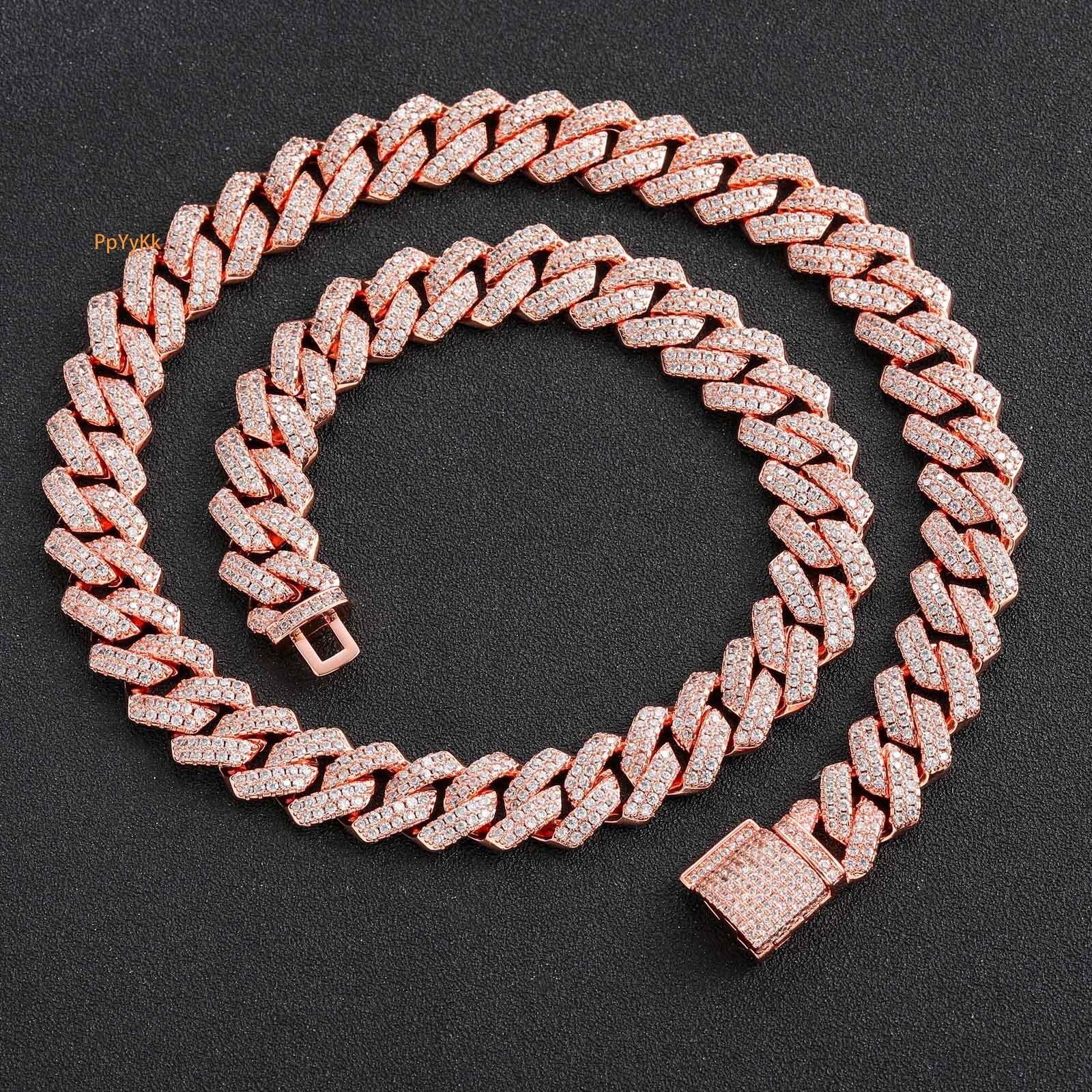 Luxury Jewelry Men Hip Hop Rose Gold Bar Cuban Chain Iced Out VVS Moissanite 14mm Diamond Cut Hip Hop Bling Bling Necklace Pass the diamond tester