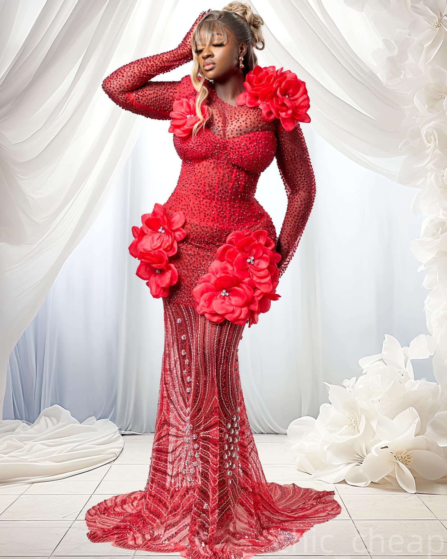 Red Mermaid Prom Dresses 2025 Flowers Crystals Sequined Evening Formal Party Second Birthday Engagement Gowns Plus Size Dress For Special Occasions ZJ