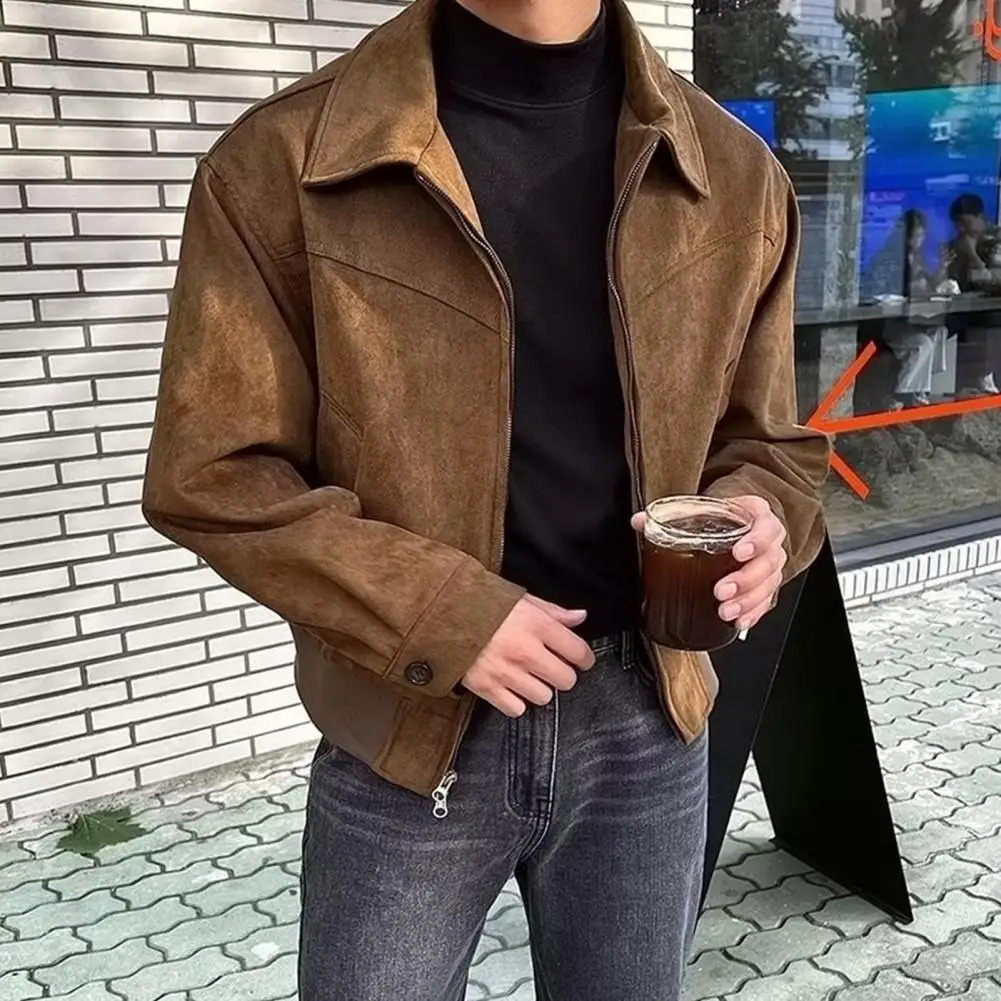 Men Zip-up Jacket Stylish Mens Lapel Jacket with Zipper Closure Side Pockets Solid Color Outwear for Short Style Long Sleeve 250628