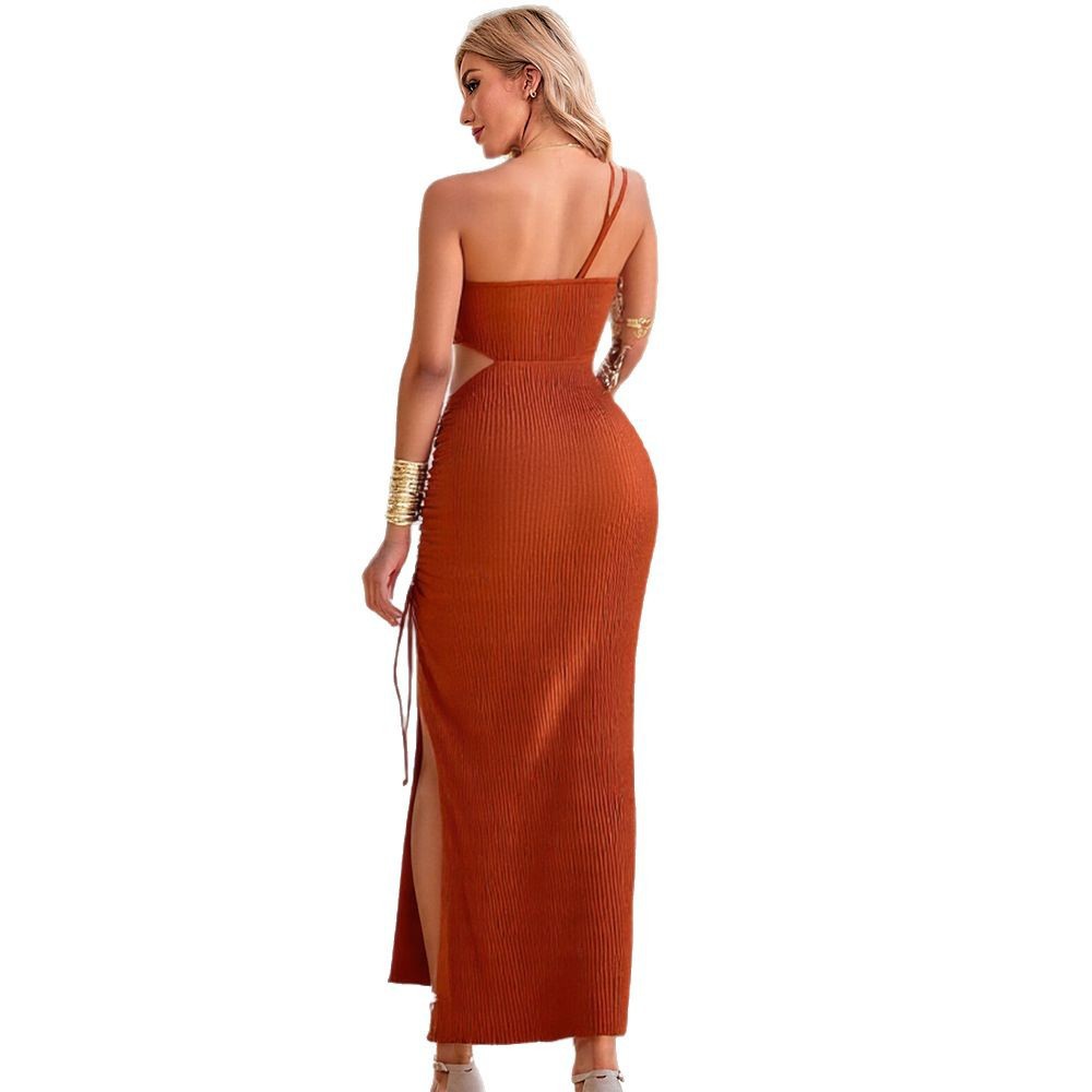 T629Spring and summer off-shoulder solid color hip dress