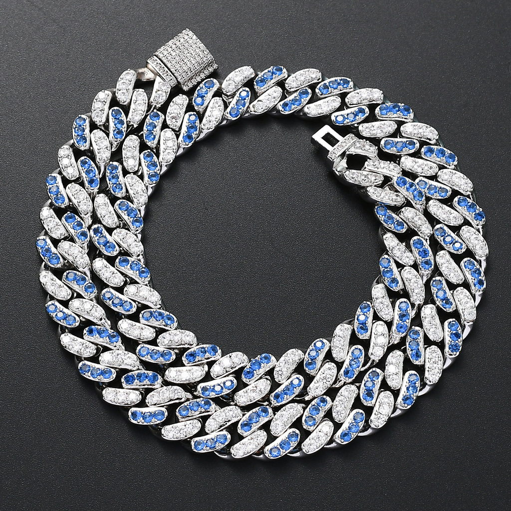 Men Hip Hop Iced Out 12mm Micro Paved Sea Blue White Moissanite High Quality Cuban Link Chain Bling Bling Accessory Pass the diamond tester