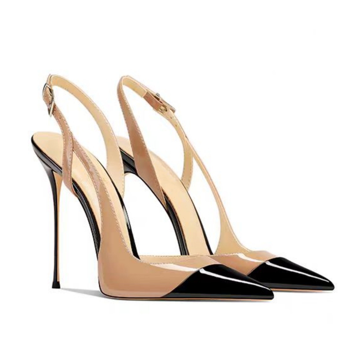 Women's Black White Patent Leather Peep Toe Pumps - Pointed Stiletto Mid Heel Dress Sandals (Office/Evening Shoes)