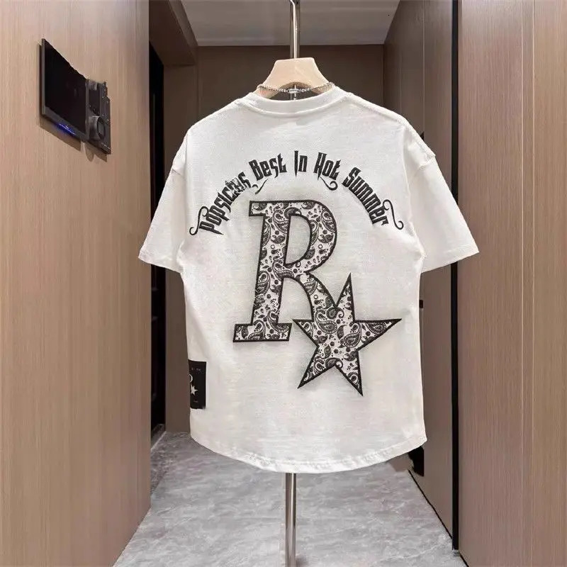 Mens Cotton Tshirt O Neck White Print Male Tees Shirts Y2k Chic Fashion Korean Clothing Stylish High Tops 250617