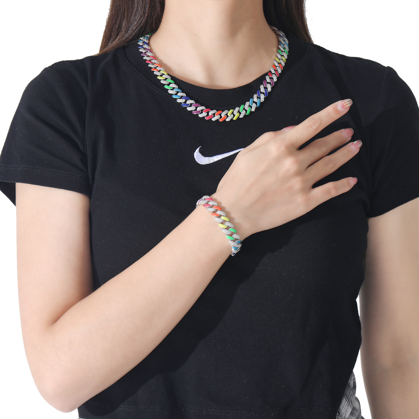 Hip Hop Necklace 12MM Multicolor Cuban Link Chain Rainbow Moissanite Personalized Hip Hop Brand Unisex Iced Out Premium Quality Fashion Accessory