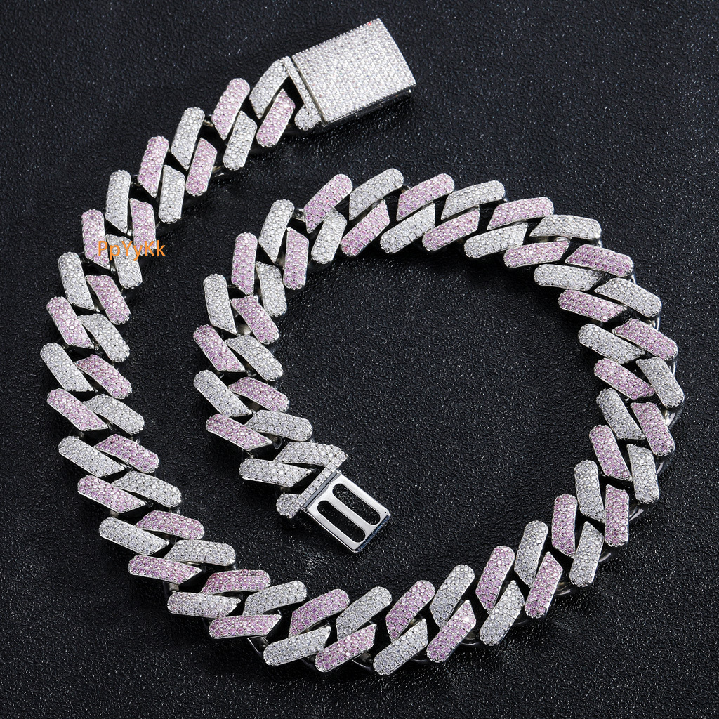 Hiphop Necklace Pink White Moissanite 20MM Box Clasp Miami Heavy Duty Cuban Iced Out Men Pass the diamond tester
