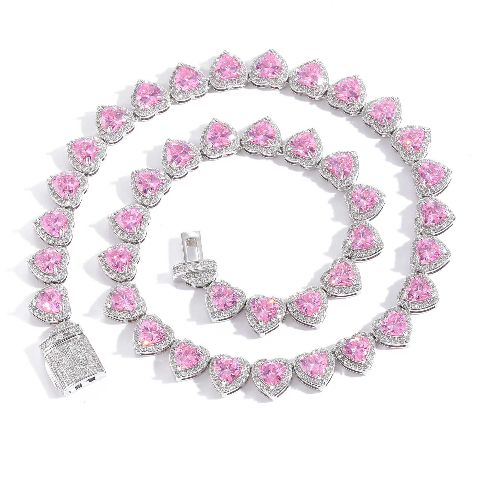 Luxury Jewelry Hip Hop 10mm Heart Pink Diamond Necklace Trendy Sweet Women's Hip Hop High-Quality Iced Accessory Pass the diamond tester