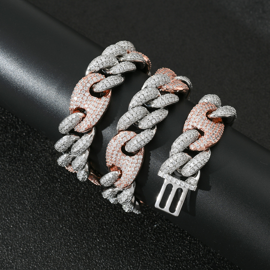 Hiphop 20mm Two Tone Pig Nose Miami Clasp Cuban Chain Full VVS Moissanite Necklace Pass the diamond tester