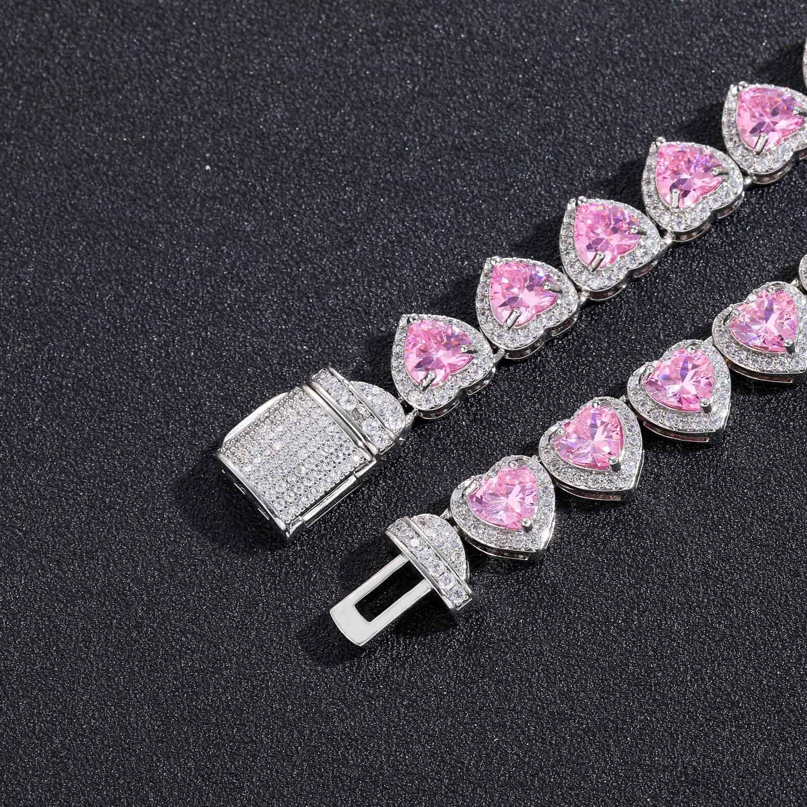 Luxury Jewelry Hip Hop 10mm Heart Pink Diamond Necklace Trendy Sweet Women's Hip Hop High-Quality Iced Accessory Pass the diamond tester
