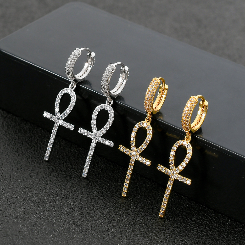 Luxury Jewelry New Ankh Key Cross Hoop Earrings Full Zircon Paved Bling Bling Hip Hop Streetwear Unisex Unique Dangle Earrings Pass the diamond tester