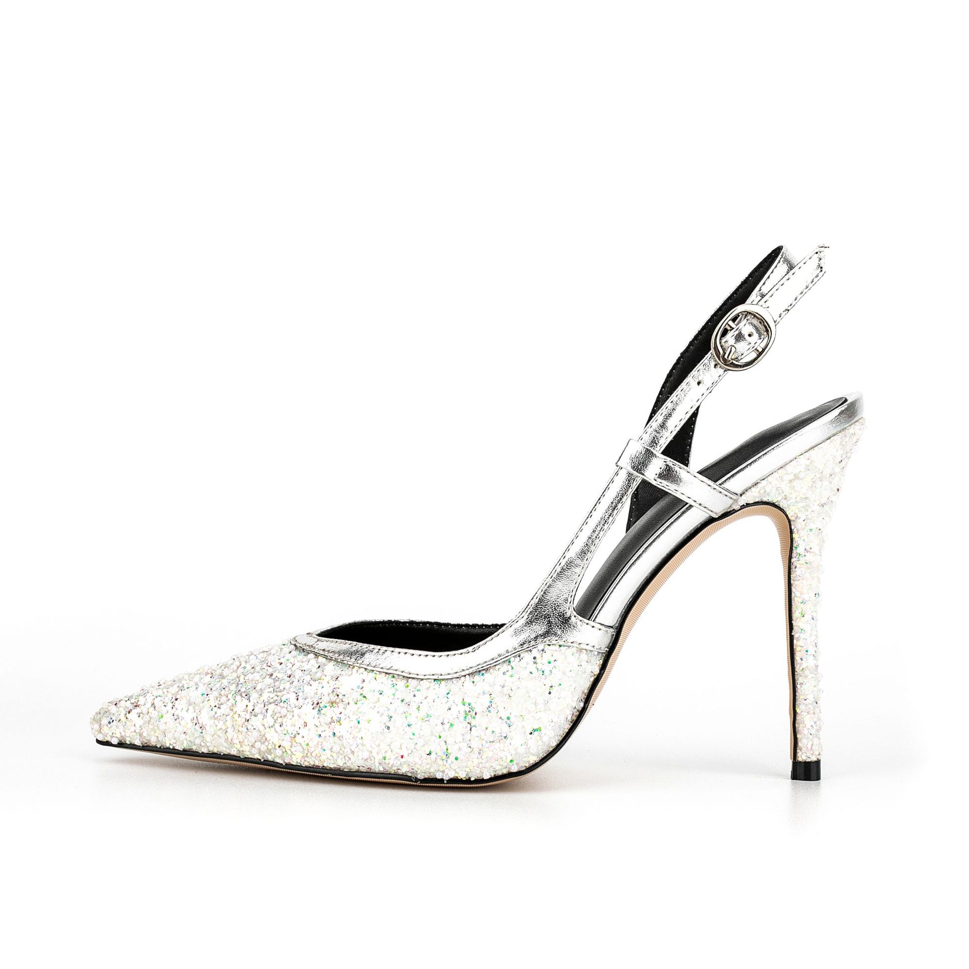Women's Glitter Stiletto Evening Sandals - Pointed Toe Heels with Ankle Strap and Sequin Detail C260204