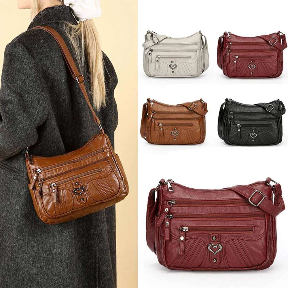 Retro Quilted Stripe Shoulder Bag Solid Color PU Purse Metal Heart Accent Spacious Organizer Zipper for Daily Use Essential