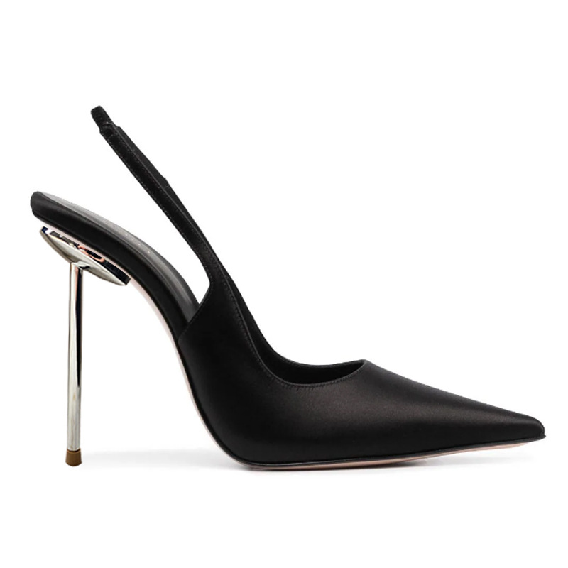 Women's Satin Pointed Toe Heels - Slim Steel Stiletto Open-Back Sandals, Adjustable Ankle Strap and Pull-On Design