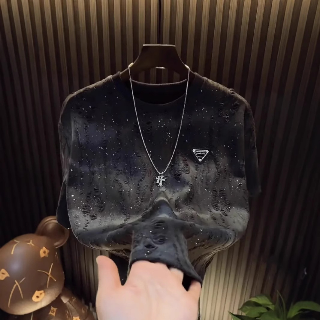 Starry sky T-shirt trend brand senior sense round neck top sequins loose holes short-sleeved T-shirt men 2025s hot
