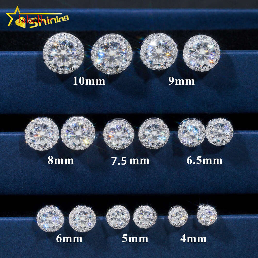 Hot Selling Hip Hop Style 6.5MM 8MM 9MM Sier Halo Design Moissanite Dia Stud Earrings