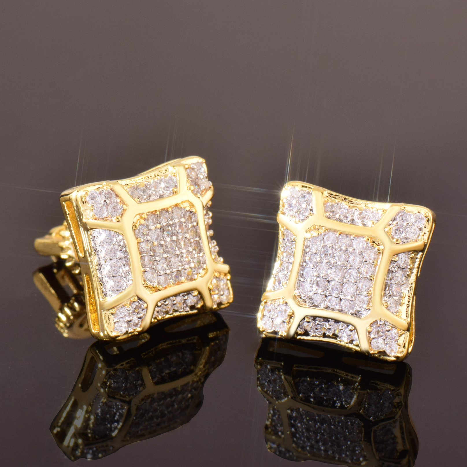 Luxury Jewelry Hip Hop New Arrival Square Moissanite 18K Gold Plated Earrings Minimalist free Ship Pass the diamond tester