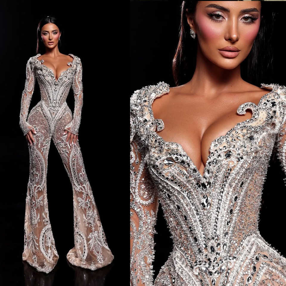 Luxury Wedding Dresses Crystal Rhinestone Bridal Gowns Long Sleeves See Through Beading Customized Bride Dress Vestidos De Novia