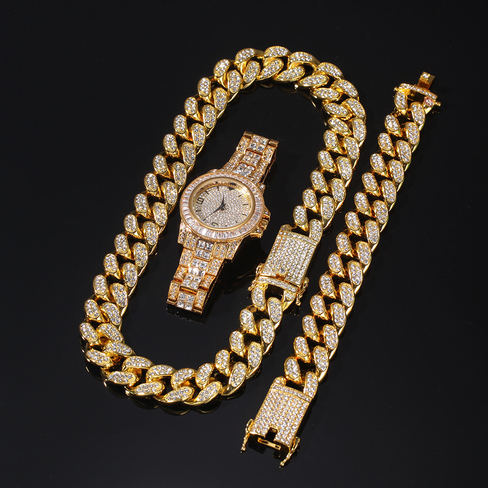 Luxury Jewelry VVS Moissanite Hip Hop Men's Bracelet Necklace Watch 3pc Set Versatile Iced Out Watch Pass the diamond tester
