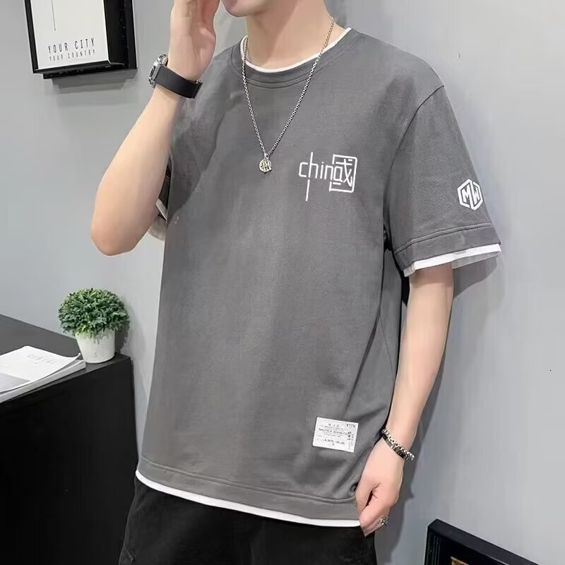 Summer Short Sleeve Men's T-shirt 2025 New Trendy Designer T-shirt Brand Ins Loose Fit Men's Fake Two-piece Casual Half Sleeve T-shirt