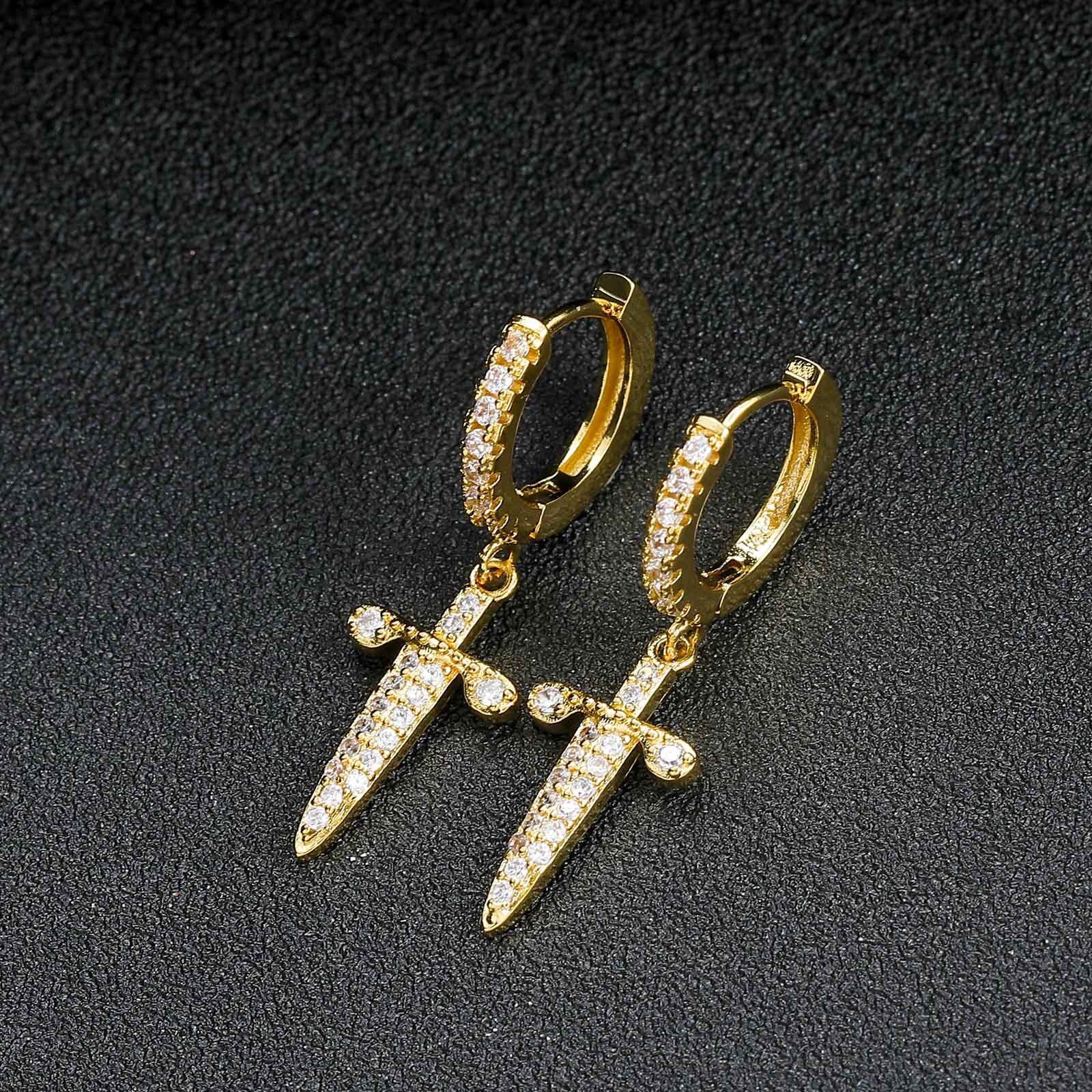 Luxury Jewelry Hip Hop Sword Cross Dagger Dangle Earrings Iced Out Bling Bling Unique Unisex Hip Hop Trendy Earrings Pass the diamond tester