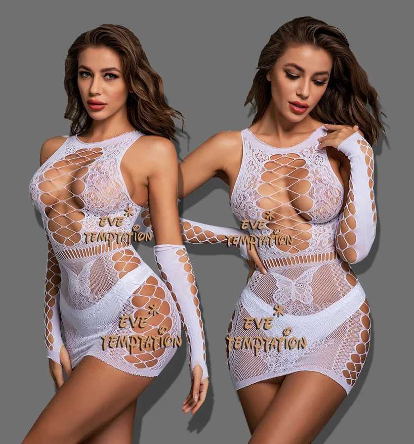 Sexy crochet Fishnet Bodystockings Lingerie Babydoll Dress Underwear Tassels Chemises Cosplay Teddies Bodysuits + Gloves Q168 W250724